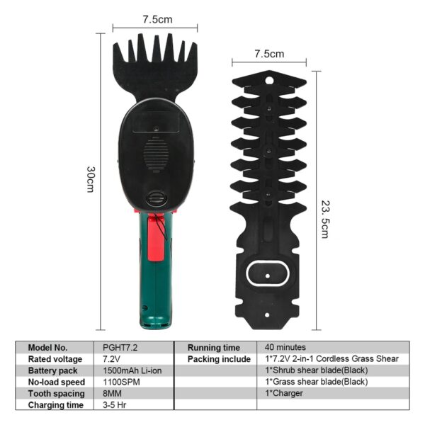 7.2V Cordless 2-in-1 Grass and Hedge Trimmer with Rechargeable Battery - Image 6