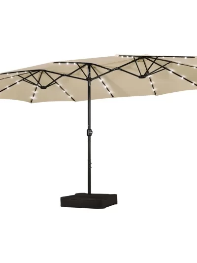 15 ft Large Patio Umbrella with Solar Lights Double-Sided Outdoor Rectangle Market Umbrellas with 36 LED Lights/Base Included