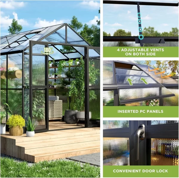 8x16x7.5 FT Polycarbonate Greenhouse Double with Swing Doors 4 Vents 5.2FT Added Wall Height, Walk-in Large Aluminum Greenhouse - Image 22