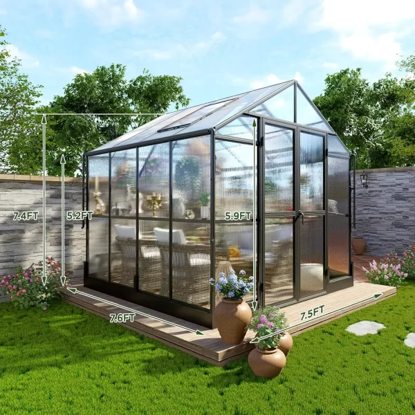 8x16x7.5 FT Polycarbonate Greenhouse Double with Swing Doors 4 Vents 5.2FT Added Wall Height, Walk-in Large Aluminum Greenhouse - Image 30