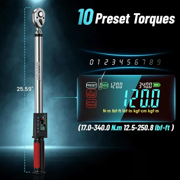 Seesii Electric Torque Wrench 340N.m Digital Electric Wrench 1/2" Drive 12.5-250.8ft-lbs - Image 5