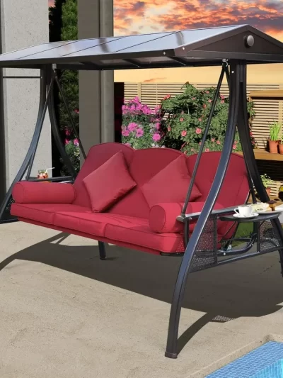 Outdoor Porch Swing with Polycarbonate Hardtop, 3 Seat Patio Swing