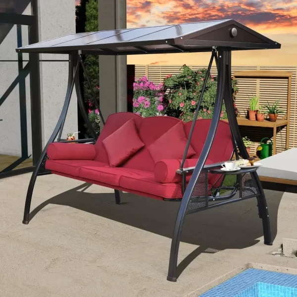 Outdoor Porch Swing with Polycarbonate Hardtop, 3 Seat Patio Swing