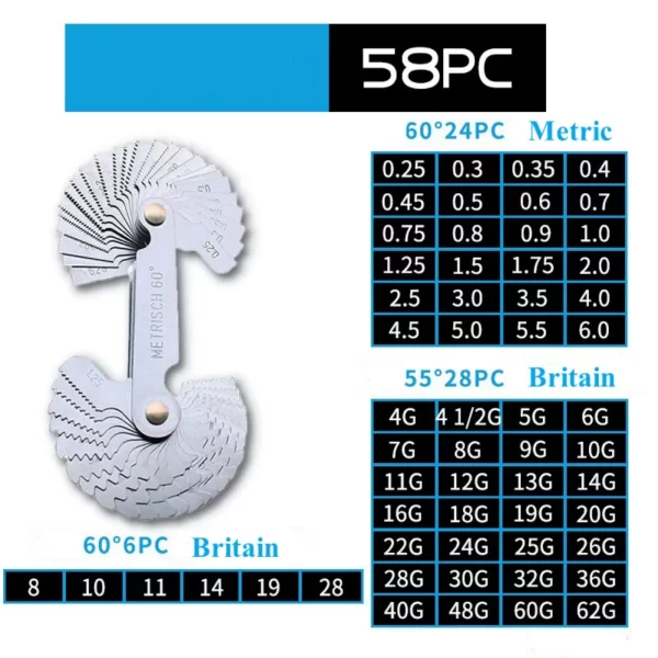 58 in 1 Thread Gauge Pitch Scale Stainless Steel High Precision Metric Britain America 55-60 Degree - Image 7