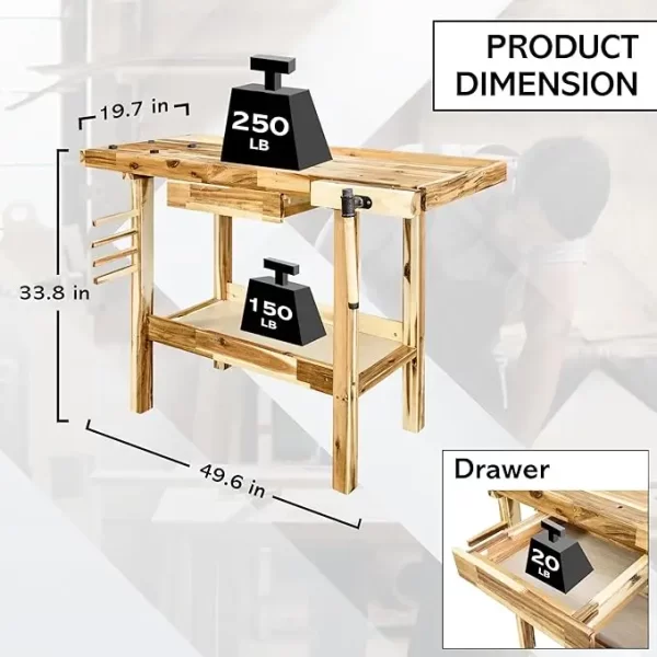 48-Inch Acacia Hardwood Workbench with Drawer - 330lbs Weight Capacity - Image 7