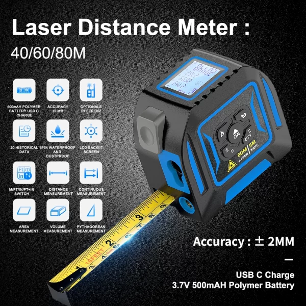 3 in 1 Laser Rangefinder 5M Tape Measure Ruler Distance Meter - Image 2