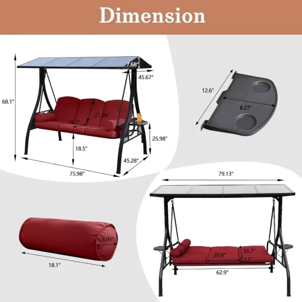 Outdoor Porch Swing with Polycarbonate Hardtop, 3 Seat Patio Swing - Image 14