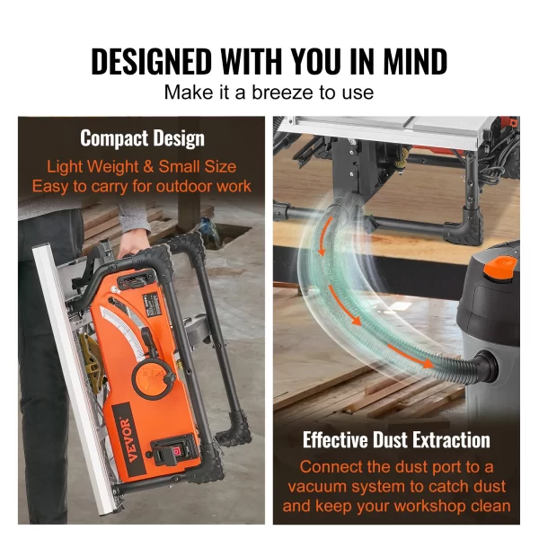 VEVOR Table Saw for Jobsite 10inch 15-Amp 25-in Max Rip Capacity 40T Blade Portable Compact for DIY Woodworking Furniture Making - Image 5