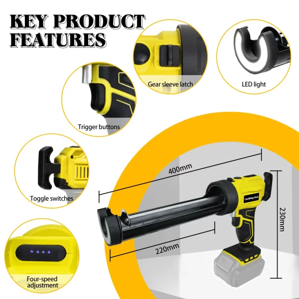 Electric Caulking Gun 10oz/300ml Cordless Caulk Gun 4 Adjustable Speeds with LED Light for Dewalt 20V Battery (No Battery) - Image 3
