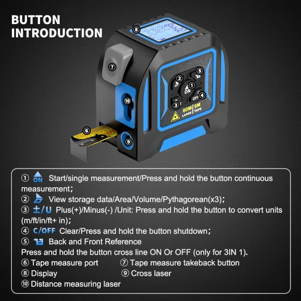 3 in 1 Laser Rangefinder 5M Tape Measure Ruler Distance Meter - Image 3