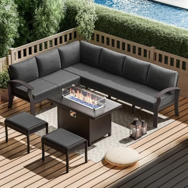 Aluminum Patio Furniture with Fire Pit Table, 8 Seats Outdoor Patio Conversation Set