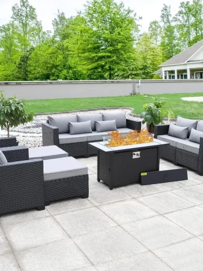 7 Piece Furniture Set, Set Non-Slip Cushions & Waterproof Cover, 45 Inch Outdoor Propane Fire Pit Table Patio Sets