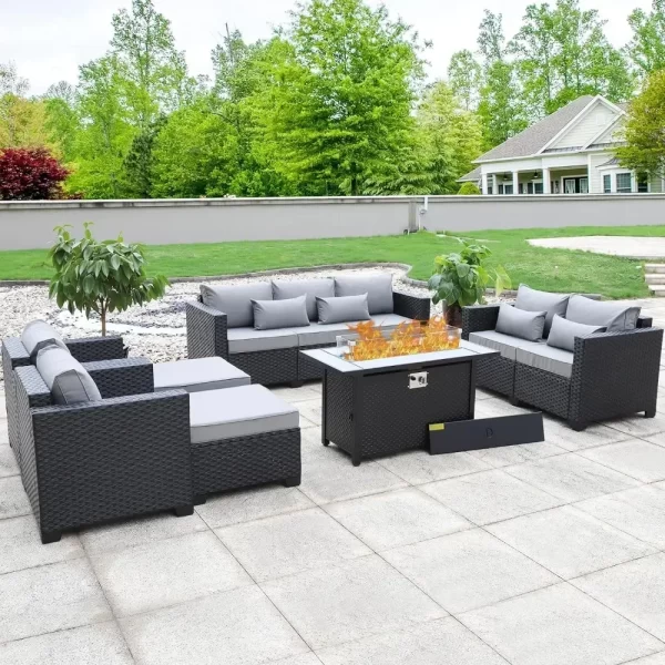 7 Piece Furniture Set, Set Non-Slip Cushions & Waterproof Cover, 45 Inch Outdoor Propane Fire Pit Table Patio Sets