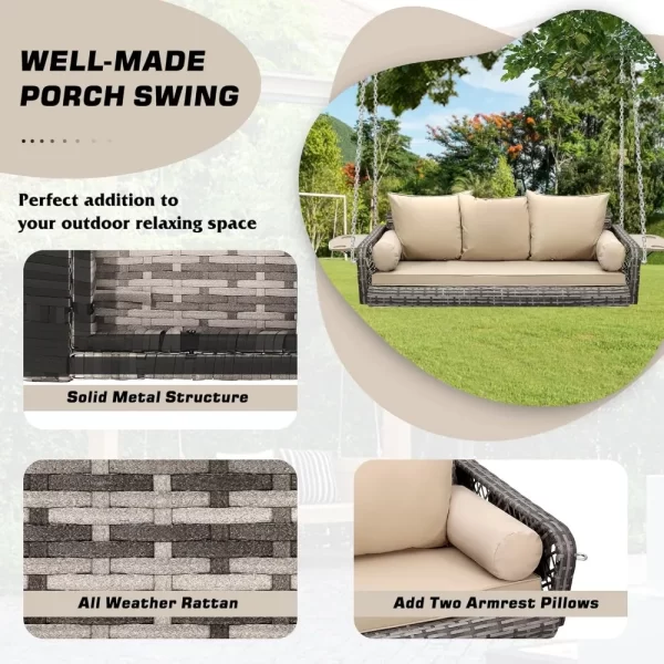 3 Person Porch Swing Patio Wicker Hanging Porch Swing Chair - Image 2