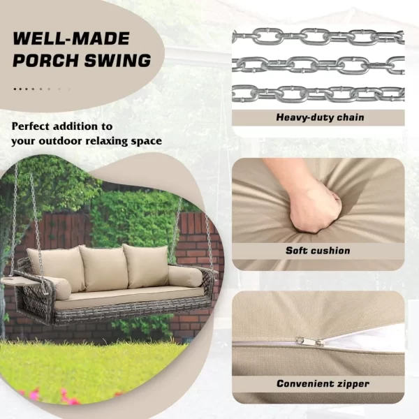 3 Person Porch Swing Patio Wicker Hanging Porch Swing Chair - Image 3