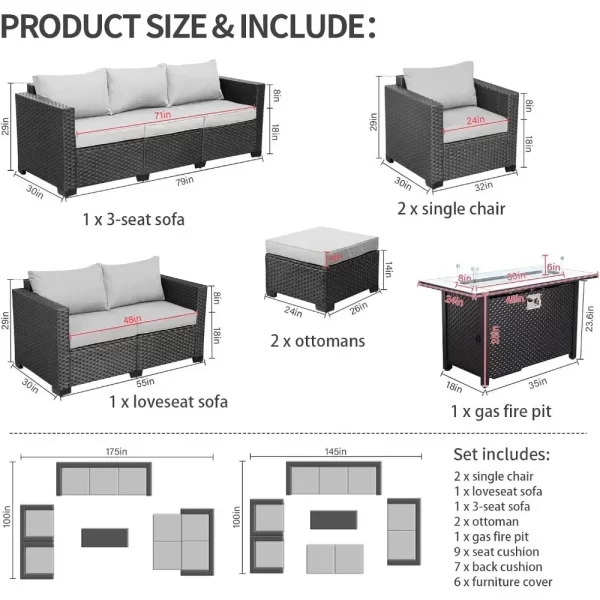 7 Piece Furniture Set, Set Non-Slip Cushions & Waterproof Cover, 45 Inch Outdoor Propane Fire Pit Table Patio Sets - Image 14