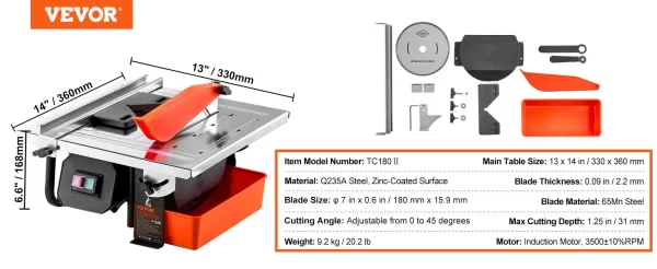 VEVOR Wet Tile Saw 7-inch 65Mn Steel Blade 3500 RPM - Image 7