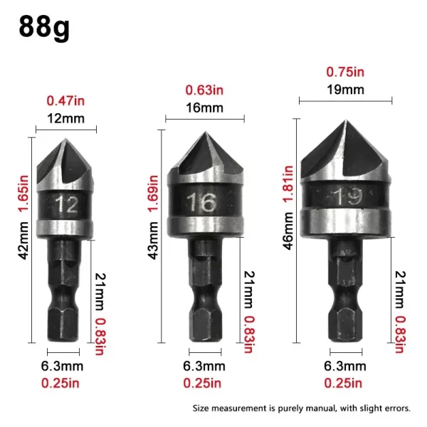 3PC Hexagonal Shank 90 Degree Black Five Blade Chamferer Countersink - Image 9