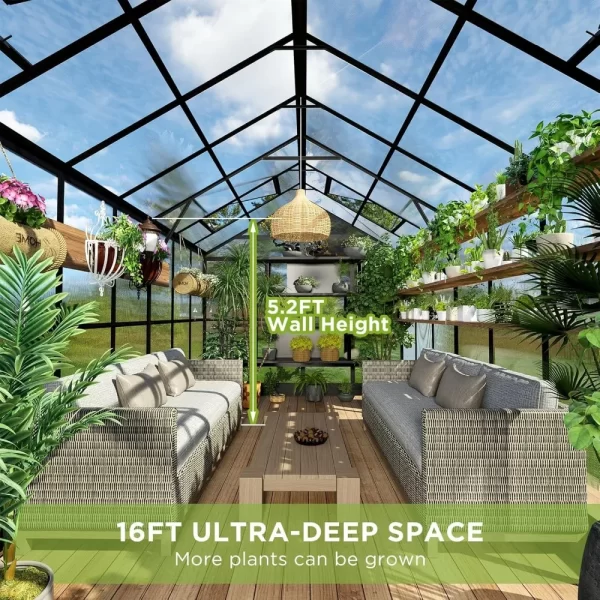 8x16x7.5 FT Polycarbonate Greenhouse Double with Swing Doors 4 Vents 5.2FT Added Wall Height, Walk-in Large Aluminum Greenhouse - Image 13