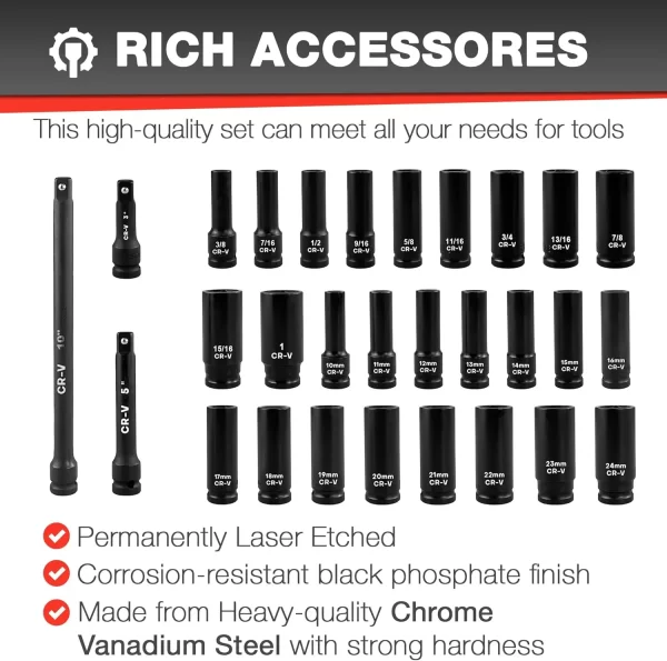 29pcs 1/2" Socket Set, Drive Deep Impact Socket Set, Including 3 ", 5", 10" Impact Extension Bar, Standard SAE (3/8 "- 1") - Image 4