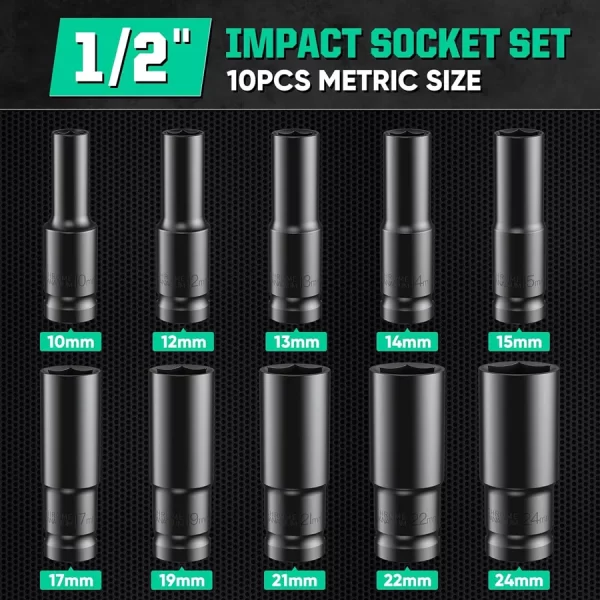 1/2Inch Drive 6-Point Impact Socket Set 10-Piece Metric Sizes 8-24m/10-24mm - Image 2