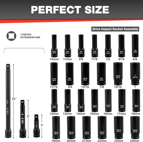 29pcs 1/2" Socket Set, Drive Deep Impact Socket Set, Including 3 ", 5", 10" Impact Extension Bar, Standard SAE (3/8 "- 1") - Image 2