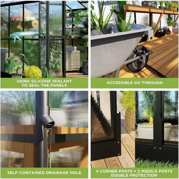 8x16x7.5 FT Polycarbonate Greenhouse Double with Swing Doors 4 Vents 5.2FT Added Wall Height, Walk-in Large Aluminum Greenhouse - Image 6