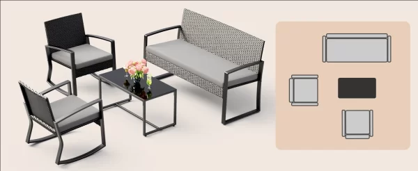 4 Piece Set, Wicker Patio Furniture with Glass Coffee Table - Image 10
