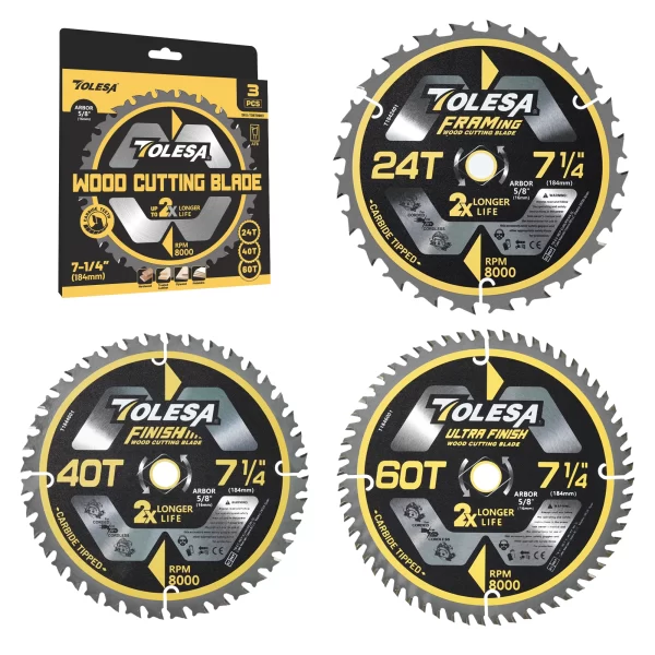 TOLESA 24&40&60 Teeth Saw Blades 3pcs 7 1/4 Saw Blade with 5/8" Arbor