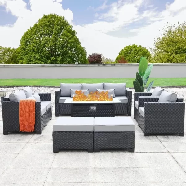 7 Piece Furniture Set, Set Non-Slip Cushions & Waterproof Cover, 45 Inch Outdoor Propane Fire Pit Table Patio Sets - Image 6