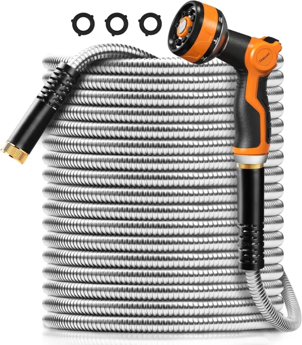 Metal Garden Hose 100FT, Stainless Steel Water Hose with Nozzle