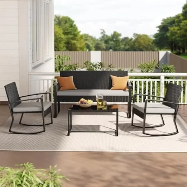 4 Piece Set, Wicker Patio Furniture with Glass Coffee Table - Image 4