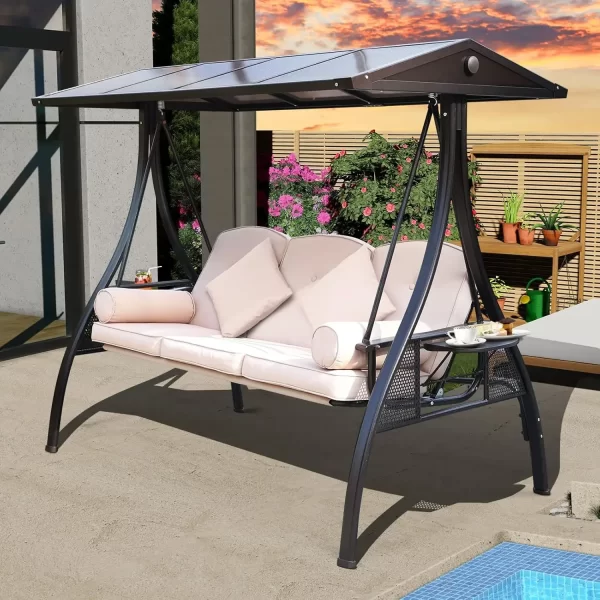 Outdoor Porch Swing with Polycarbonate Hardtop, 3 Seat Patio Swing - Image 7