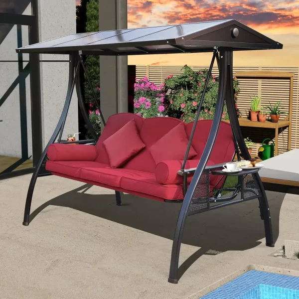 Outdoor Porch Swing with Polycarbonate Hardtop, 3 Seat Patio Swing - Image 8