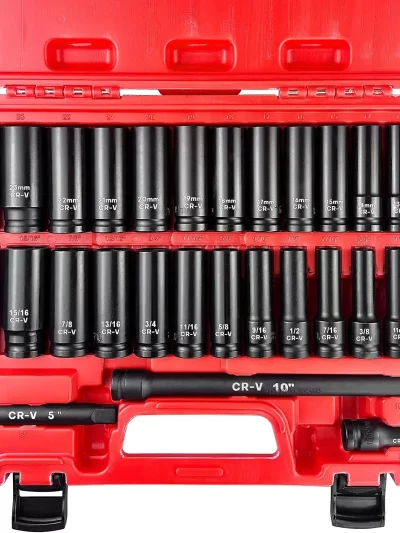 29pcs 1/2" Socket Set, Drive Deep Impact Socket Set, Including 3 ", 5", 10" Impact Extension Bar, Standard SAE (3/8 "- 1")