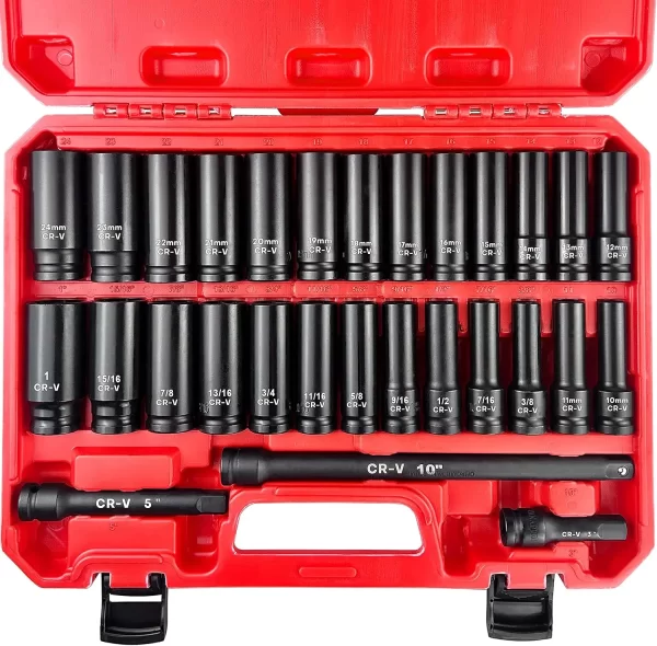 29pcs 1/2" Socket Set, Drive Deep Impact Socket Set, Including 3 ", 5", 10" Impact Extension Bar, Standard SAE (3/8 "- 1")