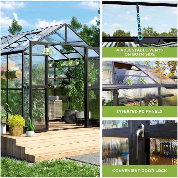 8x16x7.5 FT Polycarbonate Greenhouse Double with Swing Doors 4 Vents 5.2FT Added Wall Height, Walk-in Large Aluminum Greenhouse - Image 14