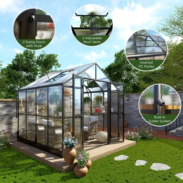 8x16x7.5 FT Polycarbonate Greenhouse Double with Swing Doors 4 Vents 5.2FT Added Wall Height, Walk-in Large Aluminum Greenhouse - Image 34