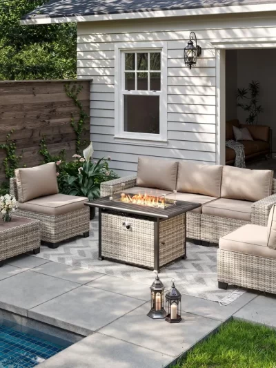 7-Piece Outdoor Patio Furniture Set with 55,000 BTU Fire Pit Table, PE Wicker Rattan