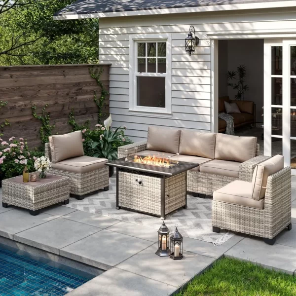 7-Piece Outdoor Patio Furniture Set with 55,000 BTU Fire Pit Table, PE Wicker Rattan
