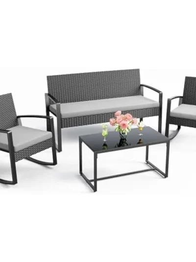 4 Piece Set, Wicker Patio Furniture with Glass Coffee Table