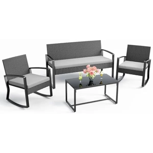 4 Piece Set, Wicker Patio Furniture with Glass Coffee Table