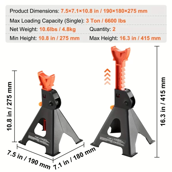 3 Ton Heavy Duty Double Locking Car Jack Stands, 1 Pair - Image 7