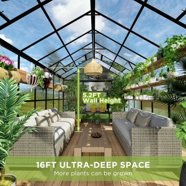 8x16x7.5 FT Polycarbonate Greenhouse Double with Swing Doors 4 Vents 5.2FT Added Wall Height, Walk-in Large Aluminum Greenhouse - Image 4