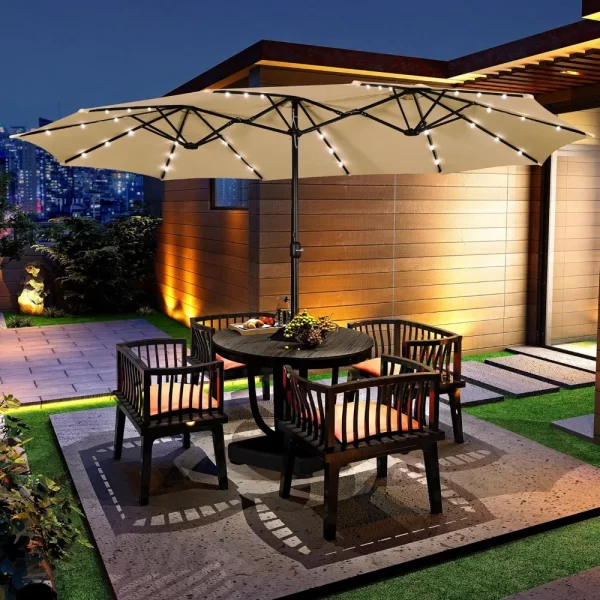 15 ft Large Patio Umbrella with Solar Lights Double-Sided Outdoor Rectangle Market Umbrellas with 36 LED Lights/Base Included - Image 5