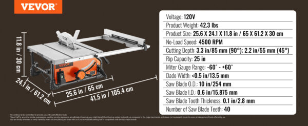 VEVOR Table Saw for Jobsite 10inch 15-Amp 25-in Max Rip Capacity 40T Blade Portable Compact for DIY Woodworking Furniture Making - Image 20