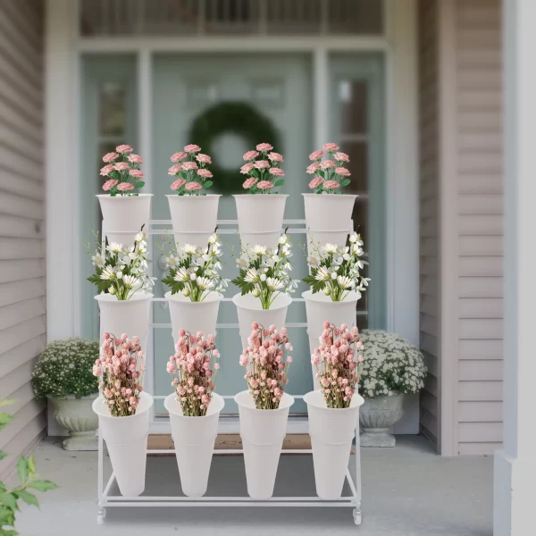 3 Layers Flower Display Stand Movable Modern Metal Plant Shelf with 12Pcs Flower Buckets - Image 5