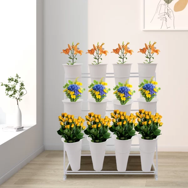3 Layers Flower Display Stand Movable Modern Metal Plant Shelf with 12Pcs Flower Buckets - Image 4