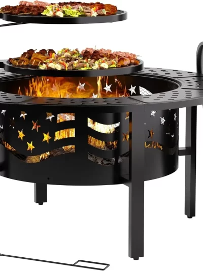 42" Outdoor Fire Pit with 2 Grills - Wood Burning Firepit for Outside with Cover & Poker