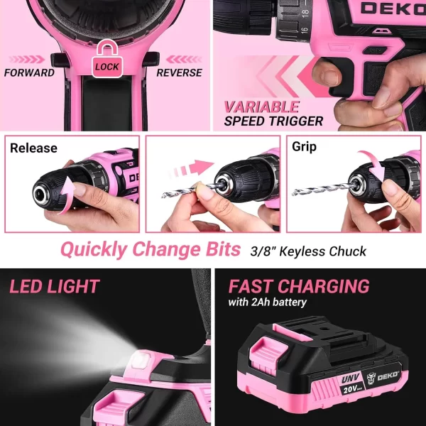 Pink Drill Tool Kit Set: 20V Cordless Power Drill Tool Box with Battery Electric Drill Driver - Image 6
